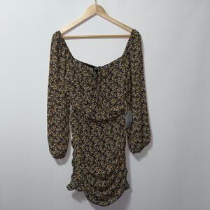 LUSH Womens Yellow Black Floral Ruched Mini Dress Size Medium NWT